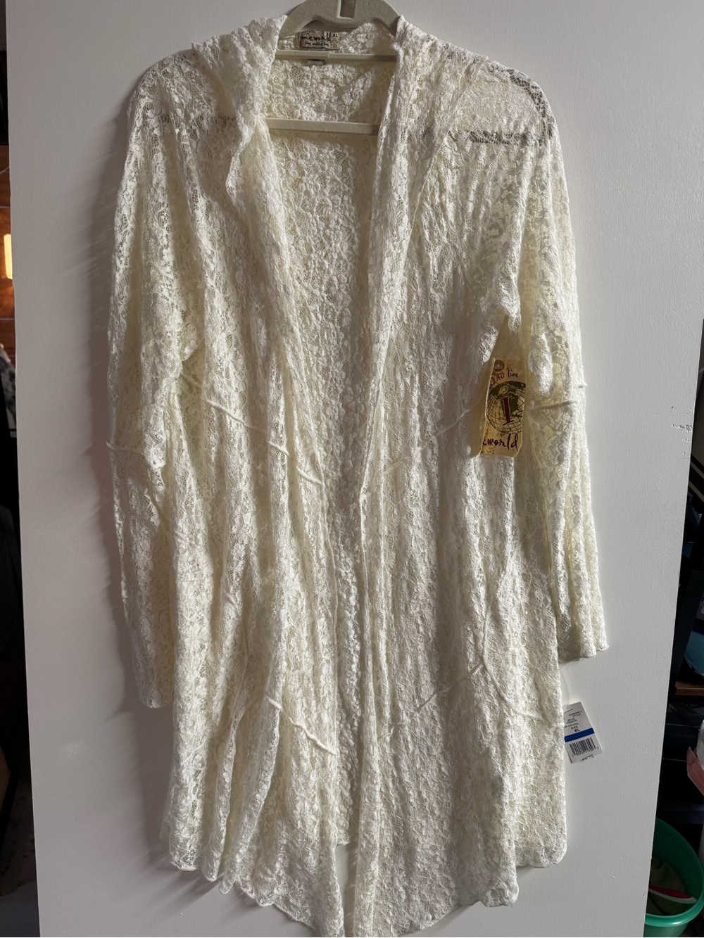 ONE WORLD Ivory Lace Open-Front Duster Cardigan with hood